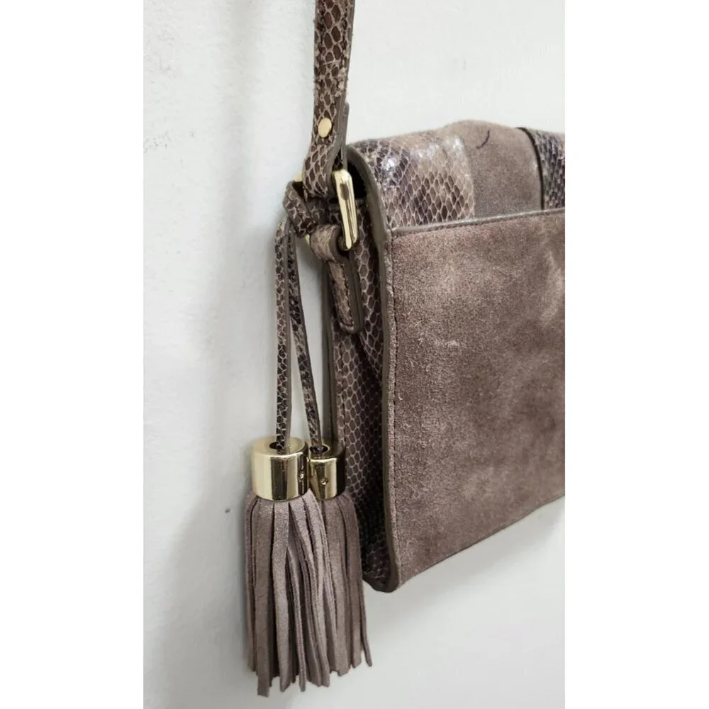 Antropologie Morgan  Woven Suede Crossbody Bag Snakeskin Accents Tassel Boho